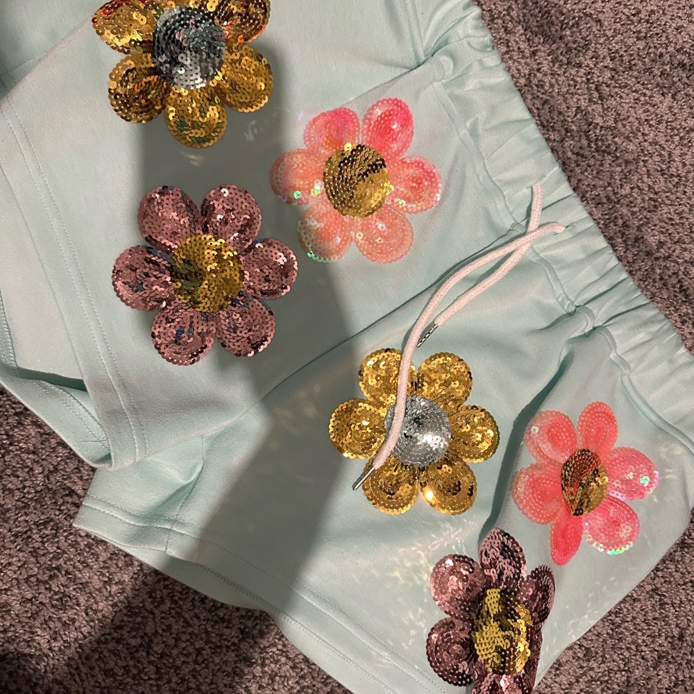 Simply Southern Mint Athletic Shorts with Sequin Flower Accents